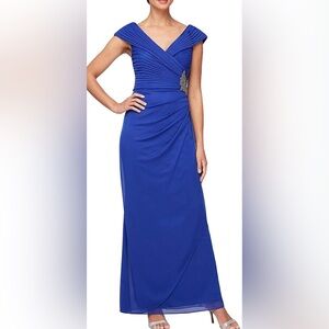 NWT Alex Evenings Long Pleated Bodice V-Neck Flowy Gown in Royal Blue - Size 14